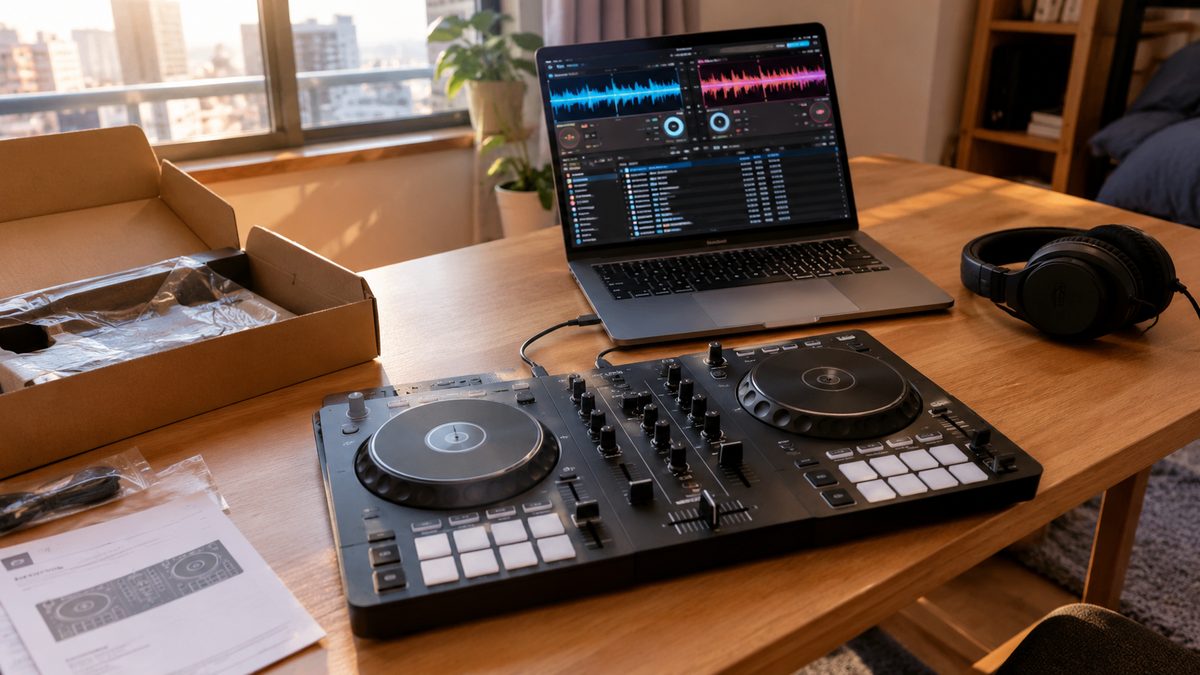 DDJ-FLX4を開封してノートPCとつないだ机の上