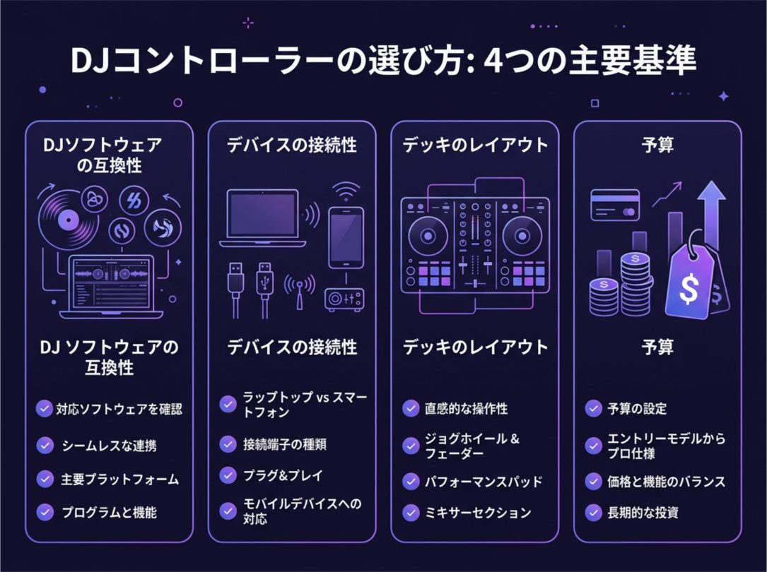 DJコントローラーの選び方 4つの基準:ソフトの互換性・デバイスの接続性・デッキのレイアウト・予算