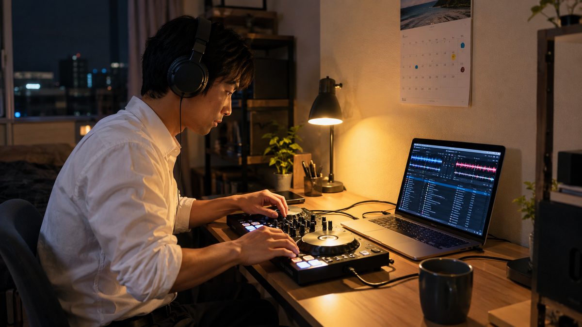 仕事帰りに自宅でDJコントローラーを練習する社会人